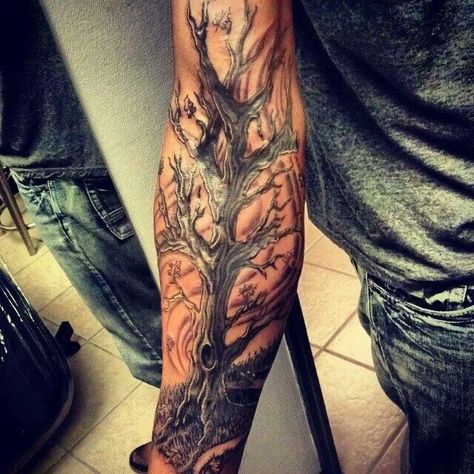 Tree tat Outdoor Tattoos, Inside Bicep Tattoo Mens, Taco Tattoos, Oak Leaf Tattoos, Yggdrasil Tattoo, Beautiful Spine Tattoos, Tree Silhouette Tattoo, Tree Tat, Evolution Tattoo