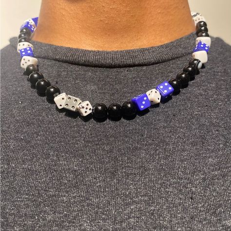 “The Nipsey”. Black And Navy Dice Beaded Necklace Made With Obsidian Beads. Steel Dice Beads Added For Flair. All Pieces Are Handmade! Diy Necklace Men, Beaded Jewelry For Men, Beaded Necklace For Men, Beads For Men, Navy Blue Jewelry, Greek Mythology Jewelry, Streetwear Jewelry, Dope Jewelry Accessories, Mens Beaded Necklaces