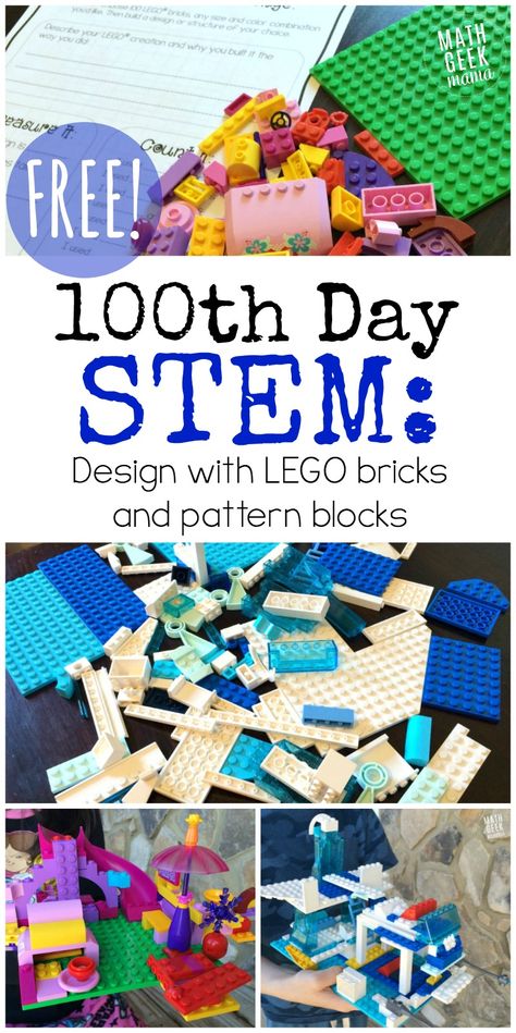 Looking for a fun and engagin STEM challenge for your 100th day of school? This post includes 2 different FREE 100th day of school STEM activities which can be used or adapted for grades K-6. Kids will love the challenge and exploring the math behind the design! 100s Day, 100 Day Of School Project, Lego Challenge, Math Geek, Stem Design, 100 Day Celebration, Lego Activities, School Celebration, Educational Activities For Kids