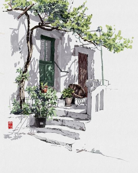 Watercolor Scenery, Watercolor Art Landscape, Watercolor Architecture, Diy Watercolor Painting, Architecture Drawing Art, Landscape Art Painting, Watercolor Painting Techniques, 수채화 그림, Watercolor Landscape Paintings