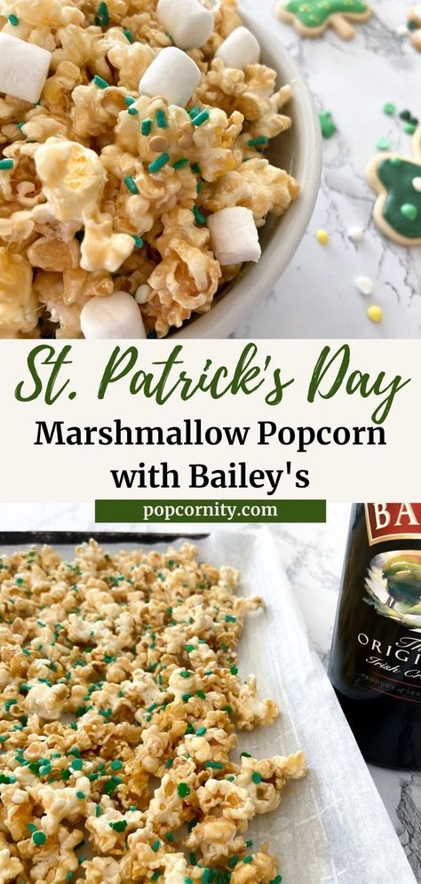 This St. Patrick’s Day marshmallow popcorn treat with Bailey’s is an ooey, gooey, boozy indulgence that’s sure to bring out your inner leprechaun. Serve them at your St. Patrick’s Day party, enjoy them with a Guinness (or two), or pack them up and bring them with you to a St. Patrick’s Day parade! Baileys Popcorn, Boozy Popcorn, Seasonal Appetizers, Popcorn Recipes Sweet, Marshmallow Popcorn, Popcorn Treat, Stovetop Popcorn, Sweet Popcorn, Popcorn Treats