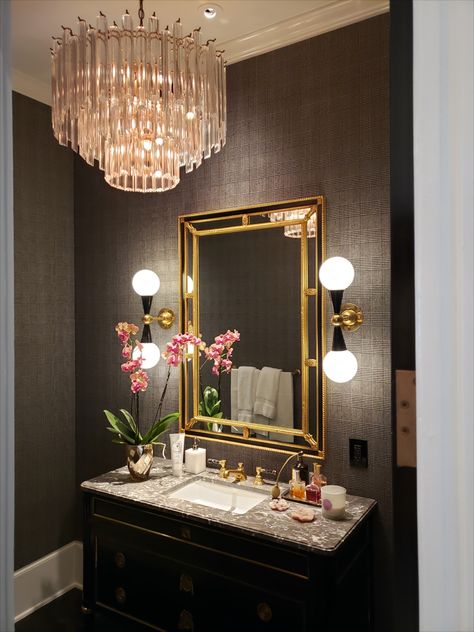 Fancy Powder Room Luxury, Asian Inspired Powder Room, Hotel Style Powder Room, Powder Room Wallpaper Bold Luxe, Modern Glam Powder Room, High End Powder Room Ideas, Guest Powder Room, Moody Powder Room Paint Colors, Black Powder Rooms