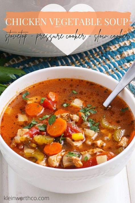 This Chicken Vegetable Soup is a quick & easy dinner that can be made in the slow cooker, stovetop, or pressure cooker. Simple & Delish! Vegetable Soup With Stew Meat, Soup With Stew Meat, Vegetable Soup Instant Pot, Soup Recipes Vegetable, February Meals, Vegetable Soup Crock Pot, Chicken Vegetable Soup Recipes, Chicken Vegetable Soup, Soup Instant Pot