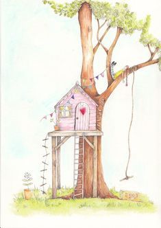 Treehouse Sketch, Water Colour Illustration, Tree House Drawing, Colour Drawing, Granny Gifts, Whimsical Art Paintings, Cartoon Trees, Watercolor Projects, Trendy Tree