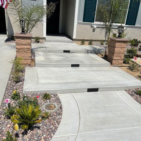 Front Yard Entry Landscaping Walkways, Outdoor Entryway Ideas Walkways, White Stamped Concrete, Modern Walkways To Front Door, Front Yard Steps Pathways, Front Walkway Landscaping Entryway, Front Yard Walkway Ideas Entrance, Front Yard Steps, House Landscaping Ideas