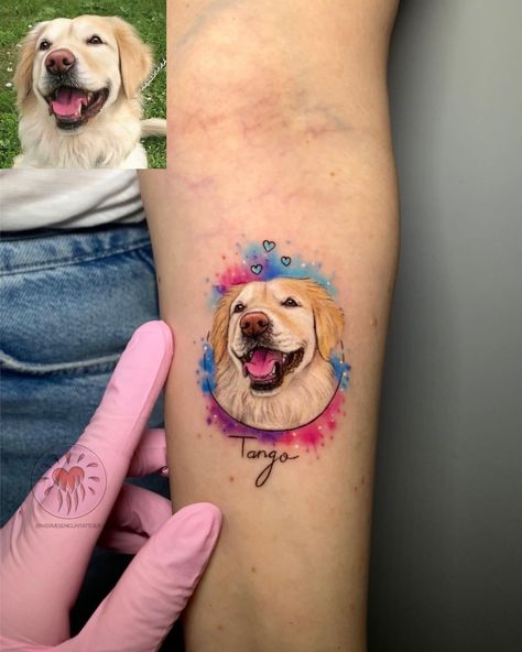 In the tattoo world, Ric is an artist who is getting a lot of attention for his amazing and super-realistic designs. Dog Portrait Tattoo Color, Dog Tattoo Colorful, Dog Tattoo Color, Tattoo Of Dog, Tattoo Perro, Tattoo Pet, Pet Memorial Tattoo, Pet Tattoos, Tattoo Over Scar