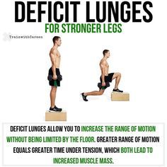 Deficit lunges are an exercise all lifters should be incorporating into their weekly routineThis lunge variation is unique because it allows you to increase the range of motion without being limited. By increasing the range of motion you can start to target muscle fibres that you have not before. Targeting new muscle fibres will spark new muscle growth. Secondly by increasing the range of motion you are also increasing the time under tension. Time Under Tension, Lunge Variations, Strong Legs, Partner Workout, Workout Chart, An Exercise, Muscle Growth, Muscle Groups, Muscle Mass