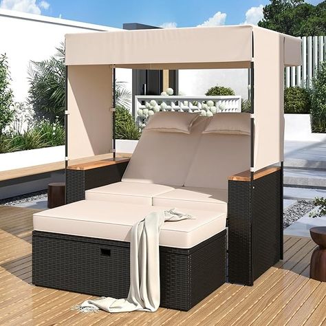 Amazon.com: Outdoor Sun Bed Patio 2-Person Daybed with Cushions and Pillows, Rattan Garden Double Reclining Chaise Lounge with Adjustable Backrests and Foldable Cup Trays for Lawn, Poolside (Beige-9) : Patio, Lawn & Garden Simple Chair, Daybed Canopy, Rattan Outdoor, Backyard Furniture, Patio Chaise Lounge, Outdoor Loveseat, Patio Bench, Outdoor Daybed, Traditional Styles