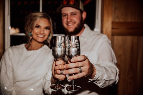 Branded champagne glasses from Mad Cow Company! Custom made for our wedding 💍✨🍾 Custom Champagne Flutes, Mad Cow, Champagne Toast, Western Wedding, Champagne Glasses, Champagne Flutes, Flutes, Our Wedding, Champagne