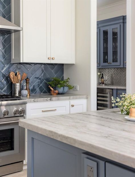 Navy Blue Backsplash, Blue Tile Backsplash Kitchen, Blue Backsplash Kitchen, Herringbone Tile Backsplash, Full Kitchen Remodel, Blue Backsplash, Kitchen Backsplash Designs, Kitchen Remodel Before And After, Full Kitchen