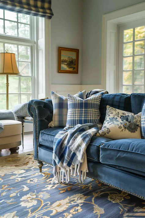 40 Blue Living Room Ideas: Transform Your Space with Calming Hues Navy Sofa Room Ideas, Blue Toile Living Room, Bright Blue Sofa Living Room Ideas, Sitting Room Decorating Ideas Cozy, Cottage Blue Living Room, Cozy Navy Living Room, Blue Leather Couch Living Room Decor, French Country Blue Living Room, Navy And Leather Living Room