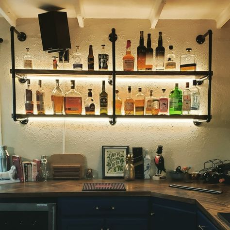 Light Up Bar Shelves, Liquor Shelf Ideas, Liquor Wall, Bistro Shelves, Liquor Shelves, Wall Bar Shelf, Tarot Ideas, Liquor Display, Downstairs Bar