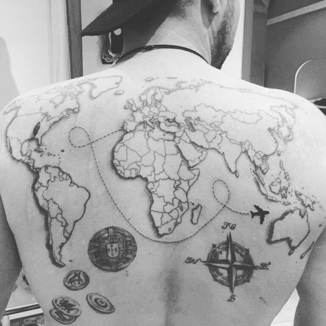 World Map Tattoo Back, World Map Tattoo Men, Cherry Blossom Tattoo Men, World Map Tattoo, Tattoo Back Tattoo, World Map Tattoos, Map Tattoo, Tattoo Back, Map Tattoos