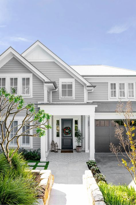 An idyllic sun-drenched Christmas with a coastal colour palette | Home Beautiful Easy Front Yard Landscape, Gray Shutters, Coastal Colour Palette, Hamptons Exterior, Coastal House Exterior, Coastal Facade, Hamptons Facade, Weatherboard Exterior, Coastal Home Exterior