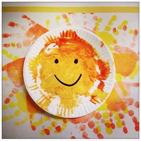 A handprint masterpiece from a toddler at KinderCare.letter S Sun Crafts For Infants, Weather Theme Infants, Sun Toddler Craft, Sun Activities For Toddlers, Handprint Sunshine, Sun Crafts For Toddlers, Creative Art For Kids, Sunshine Classroom, Sun Craft