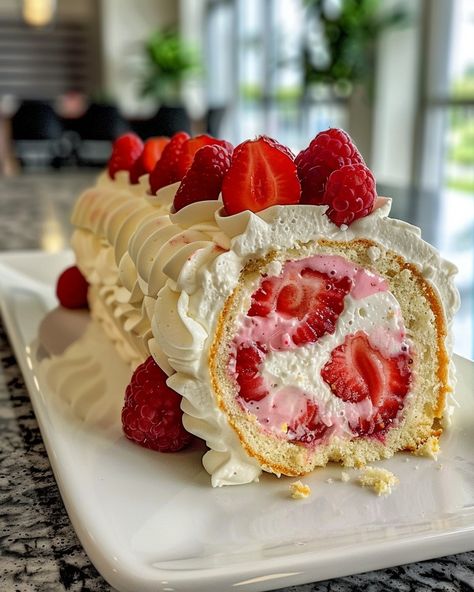 STRAWBERRY SHORTCAKE CHEESECAKE CAKE ROLL 🍓🍰 Ingredients: the Cake: 4 large eggs, separated 3/4 cup granulated sugar, divided 1 teaspoon vanilla extract 1/2 cup all-purpose flour 1/4 cup cornstarch 1 teaspoon baking powder 1/4 teaspoon salt Powdered sugar (for dusting) For the Cheesecake Filling: 8 oz cream cheese, softened 1/2 cup powdered sugar 1 teaspoon vanilla extract 1 cup fresh strawberries, diced the Whipped Cream: 1 cup heavy cream 2 tablespoons powdered sugar 1 teaspoon vanilla ... Strawberry Cake Slice, Strawberry Shortcake Cheesecake, Yummy Cheesecake, Cake Slices, Cake Roll Recipes, Cheesecake Pie, Roll Recipes, Cheesecake Cake, Cheesecake Filling