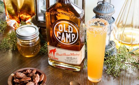 Old Camp Whiskey and Champagne Spring Sparkler Cocktail Recipe Old Camp Peach Pecan Whiskey Recipes, Camp Cocktails, Whiskey Recipes, Whiskey Cocktail, Pecan Pralines, Alcoholic Drink, Peach Juice, Whiskey Drinks, Delicious Drinks