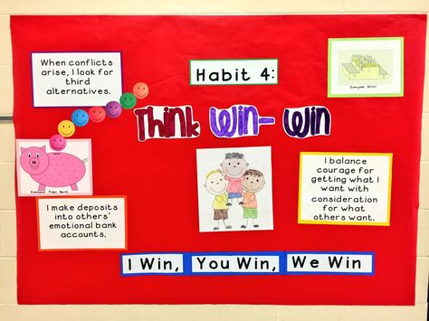 Habit 4: Think Win-Win Bulletin Board Habit 4 Think Win Win Bulletin Boards, Habit 4 Think Win Win, Think Win Win Bulletin Board, Leader In Me, 7 Habits, Too Cool For School, Future Classroom, I Win, Bulletin Boards