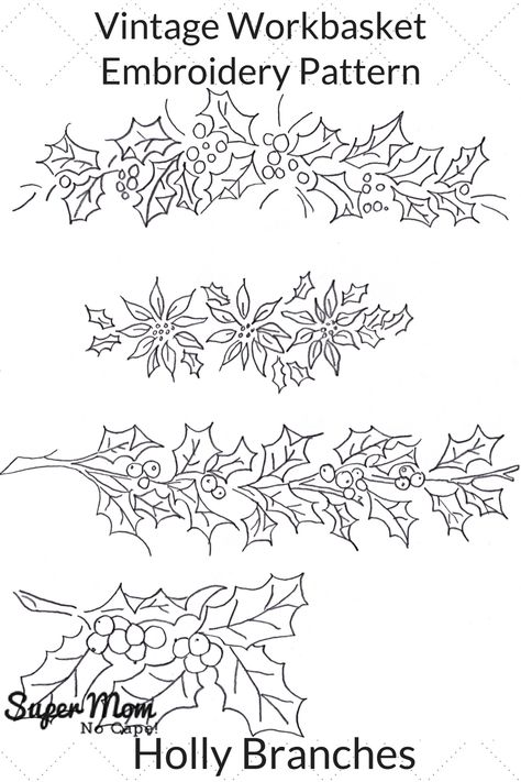 Vintage Workbasket Embroidery Pattern - Holly Branches. Click thru to get the free pattern to download. Vintage Embroidery Patterns, Embroidery Patterns Ideas, Western Embroidery, Christmas Embroidery Patterns, Embroidery Sampler, Redwork Embroidery, Patterns Ideas, Embroidery Transfers, Embroidery Patterns Vintage