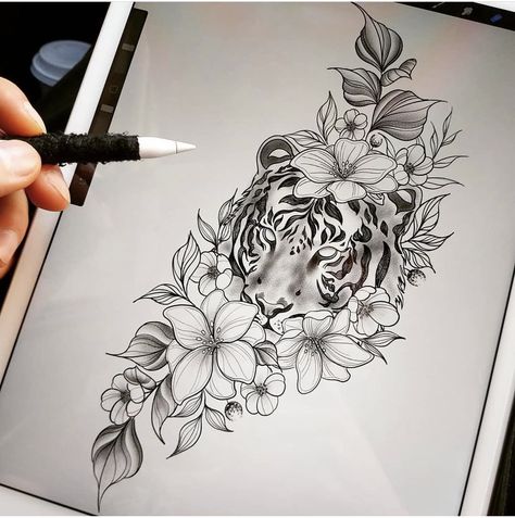 Tattoos For Women Hip, Women Hip Tattoos, Geometric Tiger Tattoo, Tiger Tattoo Thigh, Geometric Tiger, Floral Thigh Tattoos, Hip Thigh Tattoos, Hip Tattoos, On Tattoo