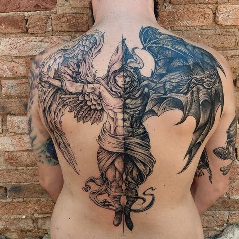 Tattoo uploaded by Eder Carvalho | Tattoo anjo e demônio | 874457 | Tattoodo Angel And Demon Back Tattoo, Biblical Scene Tattoos, Angels And Demons Tattoo, Demon Wings Tattoo, Angel Demon Tattoo, Good And Evil Tattoos, Half Angel Half Demon, Angel Devil Tattoo, Wing Tattoo Men