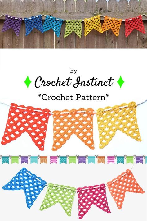 Crochet Flags Garland, Crochet Banner Pattern Free, Crochet Birthday Decorations, Crochet Party Decorations, Crochet Classroom Decor, Crochet Bunting Free Pattern, Crochet Banner, Garland Crochet Pattern, Crochet Bunting Pattern