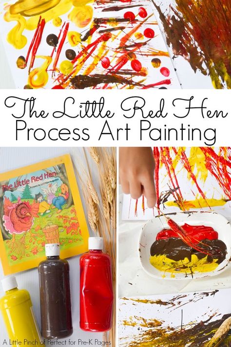 Little Red Hen: Painting with Wheat. A fun process art project to go along with the story of The Little Red Hen at home or in your preschool classroom! - Pre-K Pages Little Red Hen Activities, Hen Painting, Process Art Preschool, Autumn Preschool Theme, Fairy Tales Preschool, Fairy Tale Activities, The Little Red Hen, Farm Theme Preschool, Art Exploration