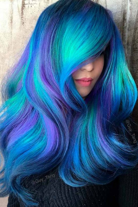 Geode Color on Long Hair picture3 Blue And Purple Hair, Multi Colored Hair, Beautiful Hair Color, Pretty Hair Color, Hair Color Blue, Hair Dye Colors, Mermaid Hair, Rainbow Hair, Cool Hair Color