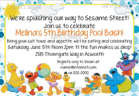 Sesame Street Pool/Swimming Personalized Invitations 5x7 inches Printable Sesame Street Birthday Invitations, Hunter Street, Swim Party, Sesame Street Birthday Party, Elmo Party, Pool Party Invitations, Pool Swimming, Sesame Street Birthday, Water Party