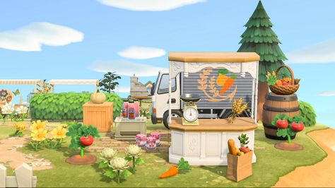 Photo from animal crossing game of a veggie and fruit truck stall Acnh Vegetable Stall Code, Animal Crossing Vegetable Stall, Acnh Produce Stall, Acnh Vegetable Stall, Animal Crossing Fruit Stand, Acnh Fruit Stand, Acnh Farmers Market, Farmcore Acnh, Acnh Market