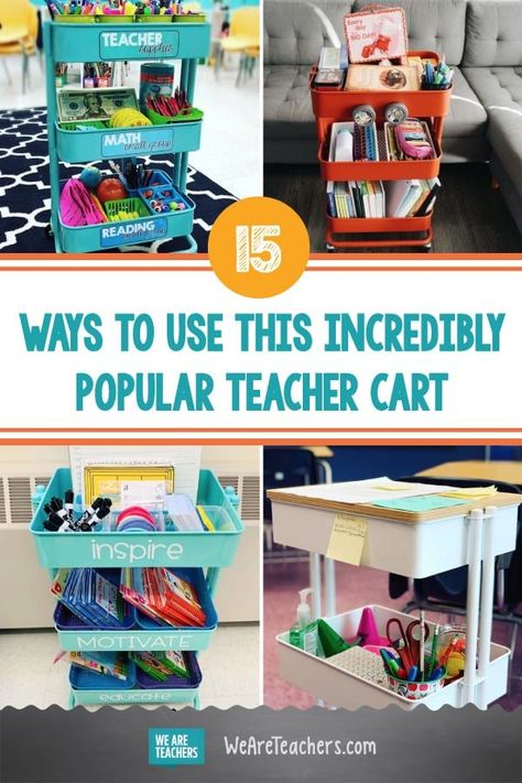 A teacher cart has become the must-have educator's accessory, and it's easy to see why! Get creative ideas to personalize and use one this year. #classroom #classroomideas #classroomsetup #teachercart #creative #teaching #teacher Teacher Rolling Cart, Teacher Cart, Portable Classroom, Teacher Storage, Teacher Desk Organization, Classroom Desk, Teacher Must Haves, Traveling Teacher, Classroom Storage