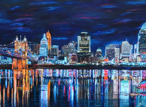 Here’s final capture of our latest painting of the Cincinnati Skyline inspired by the view from across the Ohio River in Covington Kentucky. To just stand there and soak in all the colors in the buildings reflecting and dancing into the water is a treat to the eyes. This is seriously one of my favorite portraits of the city so far.  Looking forward to rocking the next one.  This is now the fifth painting from this vantage point. You can check out these earlier paintings that lead up to this piec City Reflection In Water Painting, City View Painting, City Skyline Painting, City Paintings, Covington Kentucky, City Of Ember, Cincinnati Skyline, Greece Painting, Reflection Painting