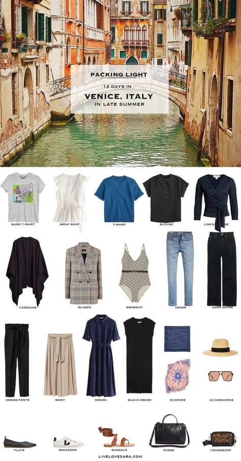 Are you packing for Venice, Italy in the transitional weather of late summer to early fall? Don't know what to pack? This Venice packing list may be able to steer you in the right direction. This Italian packing list is for a 12 day trip in late summer and early fall. A packing list for Italy | summer travel | #carryononly #travellight #travelwardrobe #livelovesara Venice Packing List, Fall Packing List, Italy Packing List, European Travel Outfit, Fall Packing, Blue Jean Dress, Travel Capsule, Italy Summer, Alaskan Cruise