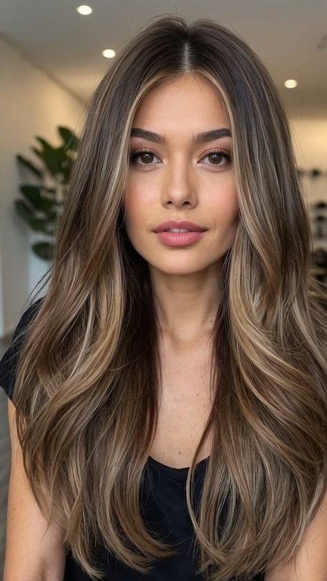 Hairstyle For Face Type, Brown Long Hair Extensions, Ah Co Tran Hair, Hairstyle Fine Hair Medium, Neutral Blonde Highlights On Dark Hair, Long Length Haircut For Thick Hair, Medium Long Hair Cuts, Baby Lights Caramelo, Medium Length Hair Balayage