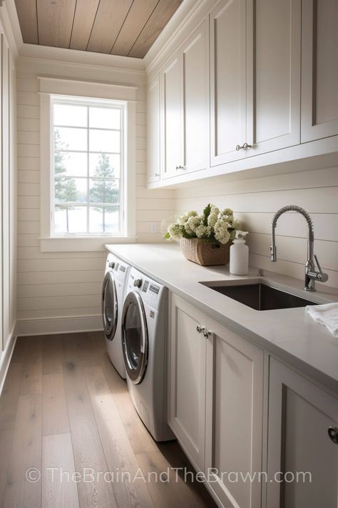 Laundry Room Decor: 13+ Inspiring New Ideas You'll Love! Wide Laundry Room Ideas, Gally Laundry Room Design, Laundry Room With Office Space, Butcher Block Counter Laundry Room, Large Laundry Room Layout, Speed Queen Laundry Room, Laundry Room With Drying Rack, Small Narrow Laundry Room, Laundry Room With Window