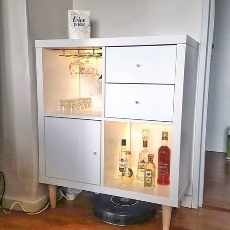 Diy Coffee Bar Ikea Hack, Ikea Kallax Bar Cart, Ikea Kallax Kitchen Hack, Kallax Mini Bar, Ikea Kallax Bar Hack, Ikea Bar Ideas, Ikea Kallax Coffee Bar, Kallax Ikea Ideas Kitchen, Kallax Bar Hack