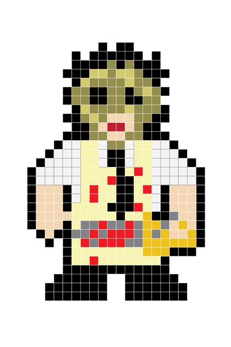 Leatherface Perler Beads, Pixel Art Horror Character, Horror Kandi, Horror Pixel Art, Horror Ornaments, Pixel Art Horror, Melty Bead Designs, Halloween Character, Graph Crochet