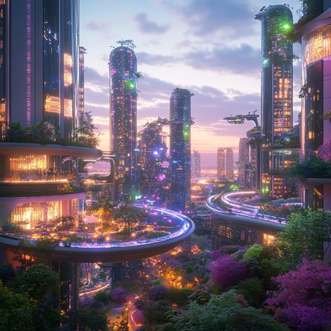 Discover the magic of a futuristic city at sunset, where skyscrapers gleam and eco-friendly innovations thrive. Immerse yourself in vibrant colors and lush greenery that redefine urban living. 🌆✨ #FuturisticCity #EcoInnovation #BioluminescentPlants #Midjourney Eco City Concept, Biopunk City, Earthship Home Plans, Futuristic City Utopia, City At Sunset, Scifi City, Future Cities, Earth City, Dnd Campaign