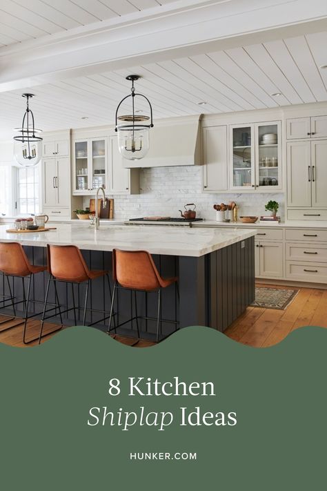 There are a ton of different ways to bring shiplap wall paneling into your kitchen design, whether you want a neutral paneled look or one with heaps of trendy color. #hunkerhome #shiplap #shiplapideas #kitchenshiplap Verticle Shiplap Backsplash Kitchen, Shiplap In Kitchen, Kitchen Shiplap, Shiplap Wall Paneling, Kitchen Island Trim, Shiplap Ideas, Stained Shiplap, Green Countertops, Shiplap Kitchen