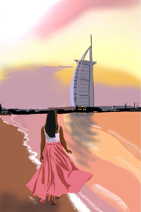 Dubai Illustration Art, Dubai Drawing, Dubai Painting, Dubai Illustration, Dubai Burj Al Arab, Uae Art, Dubai Sunset, Beach Sketches, Architecture Artists