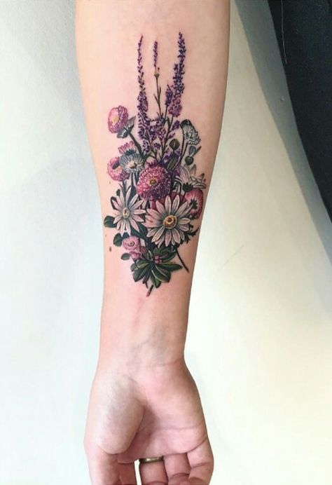 This composition, and close placement of flowers in conjunction to each other without having a solid background color Muted Color Flower Tattoo, Flower Transition Tattoo, Rustic Floral Tattoo, Floral Tattoo Design With Color, Cover Up Tattoos With Flowers, Multiple Flowers Tattoo, Floral Cluster Tattoo, Colorful Bouquet Tattoo, Multi Flower Tattoo