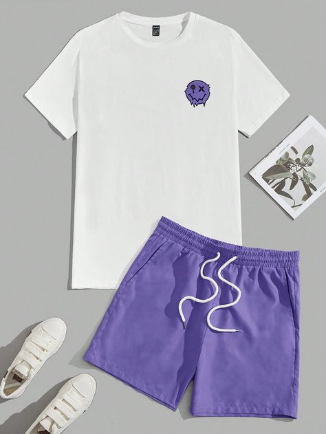 Morado Casual Collar manga corta  Dibujos animados  Embellished Elástico Ligero Verano Conjuntos para Hombre Purple Shorts Outfit, White Summer Outfits, Men Cartoon, Mens Shorts Outfits, Memorial Weekend, Outfits Hombre, Drawstring Waist Shorts, Drawing Prompt, Purple Outfits