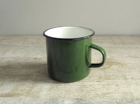 Green Enamel Mug Soviet vintage enamel cup by OldTimeGoods Country Kitchen Decorating, Trinket Collection, Green Camping, Pony Rider, Enamel Cup, Green Cups, Small Flower Pots, Metal Cups, Country Kitchen Decor