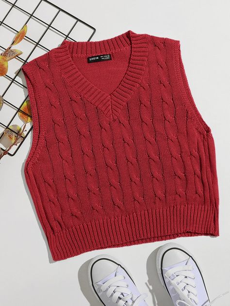 Red Sweater Vest Outfit, Red Vest Outfit, Vest Outfits Aesthetic, Red Sweater Vest, Cable Knit Sweater Vest, Diy Summer Clothes, Sweater Vest Outfit, Knit Vest Pattern, Sleeveless Sweater Vest