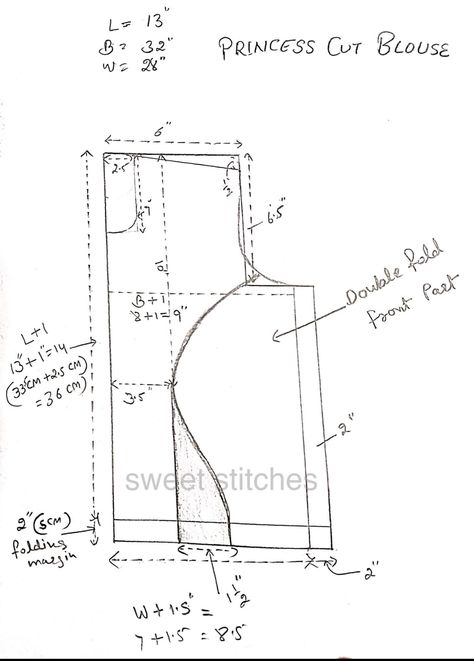 Sewing Pattern Drafting, Princess Blouse Designs Pattern, Blouse Measurement Chart, Lehenga Flat Sketch, How To Take Blouse Measurement, Blouse Measurement Chart Indian, Princess Blouse, Drafting Princess Seams, Princess Cut Blouse