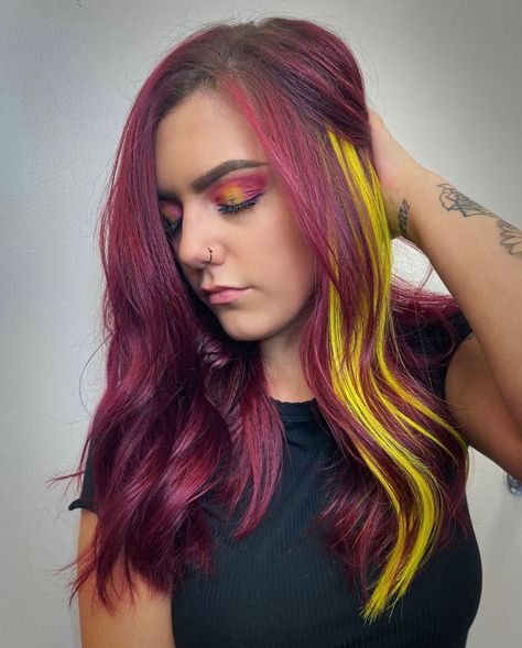 Would you guess that the pop of yellow is actually a tape in extension?😯 Magenta and yellow go so good together💛🌺 #magentahair #yellowhair #tapeinextensions #hairextensions #pulpriothair #hairstylist #hairstyleideas Magenta And Yellow Hair, Dark Magenta Hair, Magenta And Yellow, Pop Of Yellow, Magenta Hair, Pulp Riot Hair, Dark Magenta, Tape In Extensions, Yellow Hair