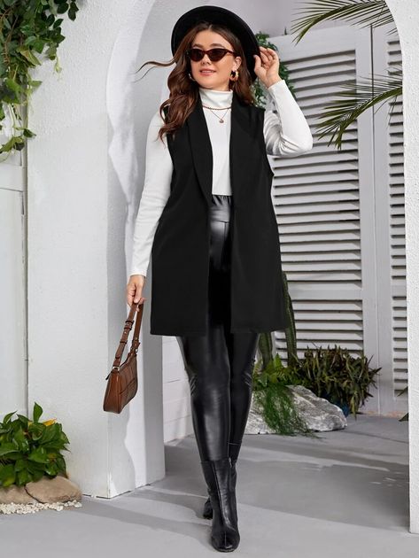 Long Black Vest Outfit, Blazer Vest Outfit, Black Vest Outfit, Long Black Vest, Blazer Plus Size, Button Shawl, Outfit Elegantes, Shawl Collar Blazer, Classy Wear