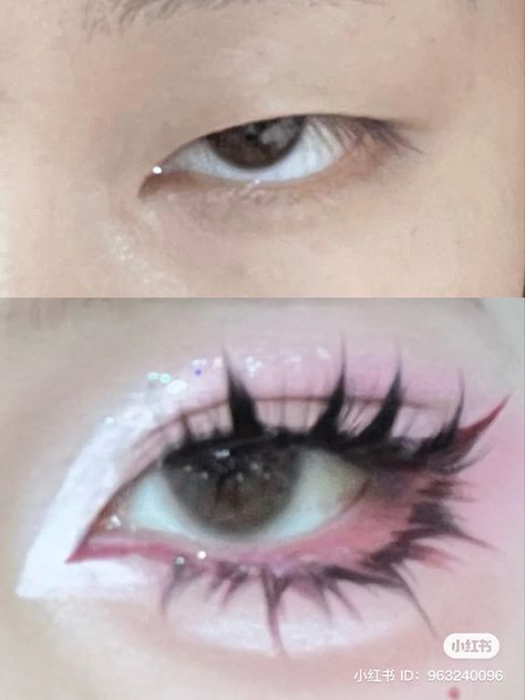 Harajuku Eye Makeup, Gyaru Makeup Without Lashes, Harajuku Makeup Looks, Pink Cosplay Makeup, Kawaiicore Makeup, Harajuku Makeup Kawaii, V Kei Makeup, 90s Rave Makeup, Creepy Cute Makeup