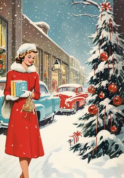 A Touch Of Vintage, 1950s Christmas Fashion, Retro Christmas Crafts, Vintage Christmas Drawings, Vintage Christmas Paintings, 50s Christmas Aesthetic, Vintage Christmas Aesthetic Cozy, Christmas Funny Pictures, Old Hollywood Christmas