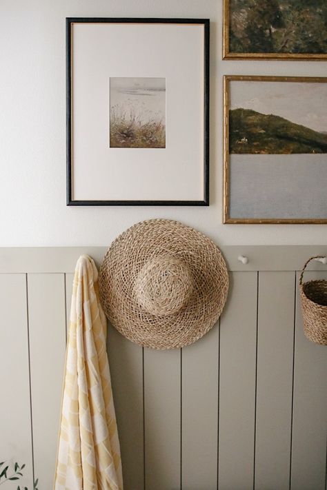 Easy Weekend Mudroom Refresh with a DIY Peg Rail and Shiplap Wall - Chelsey Freng Wood Pegs Wall, Hallway Peg Rail, Hallway With Hooks, Shiplap Wall Hallway, Bathroom Shiplap Half Wall, Peg Hook Entryway, Shiplap Wall Entryway, Slats On Wall, Diy Drop Zone